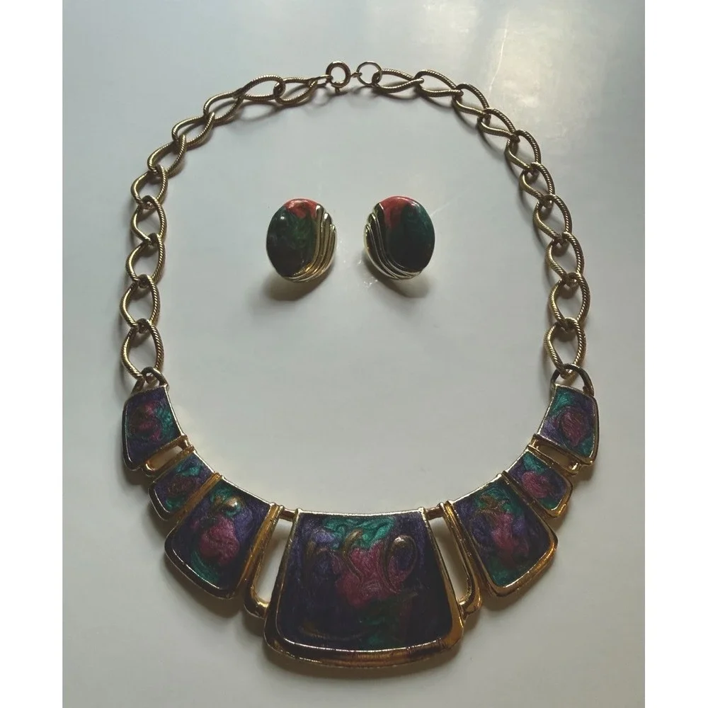 Vintage 80s Statement Tie Dye Necklace And Matching Earrings‎ Gold Tone Rainbow